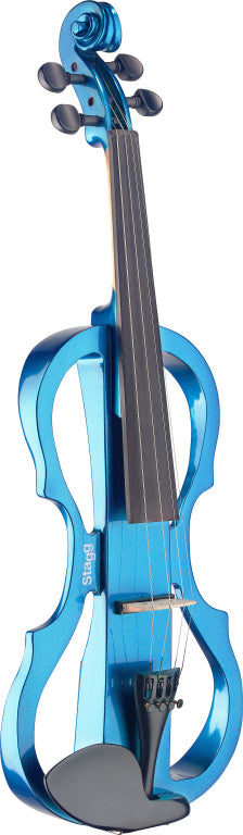 Stagg 4/4 electric violin set with metallic blue electric violin, soft case and headphones