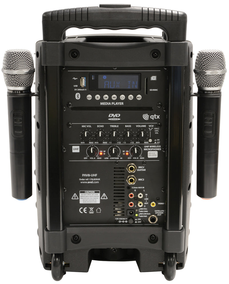 PAV8 portable PA set + 2 UHF mics, CD/DVD, USB/SD & Bluetooth
