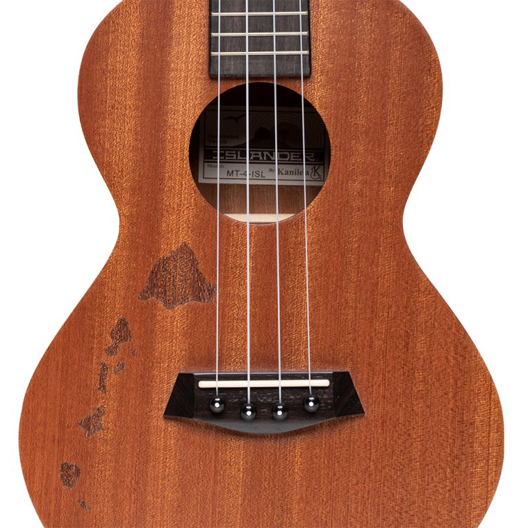 Traditional tenor ukulele with mahogany top and Hawaiian islands engraving