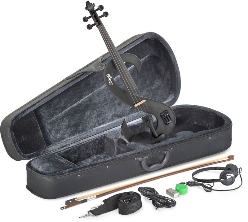 Stagg 4/4 electric violin set with S-shaped metallic black electric violin, soft case and headphones