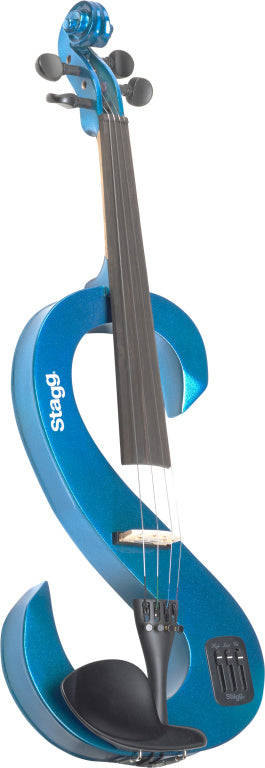 Stagg 4/4 electric violin set with S-shaped metallic blue electric violin, soft case and headphones
