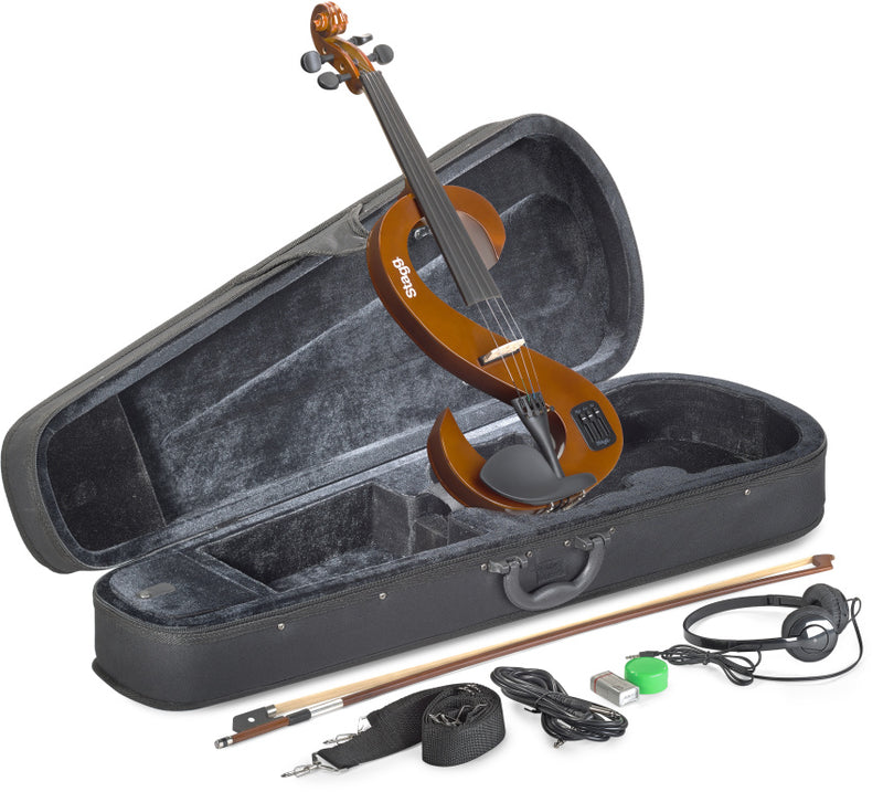 Stagg 4/4 electric violin set with S-shaped violinburst-coloured electric violin, soft case and headphones