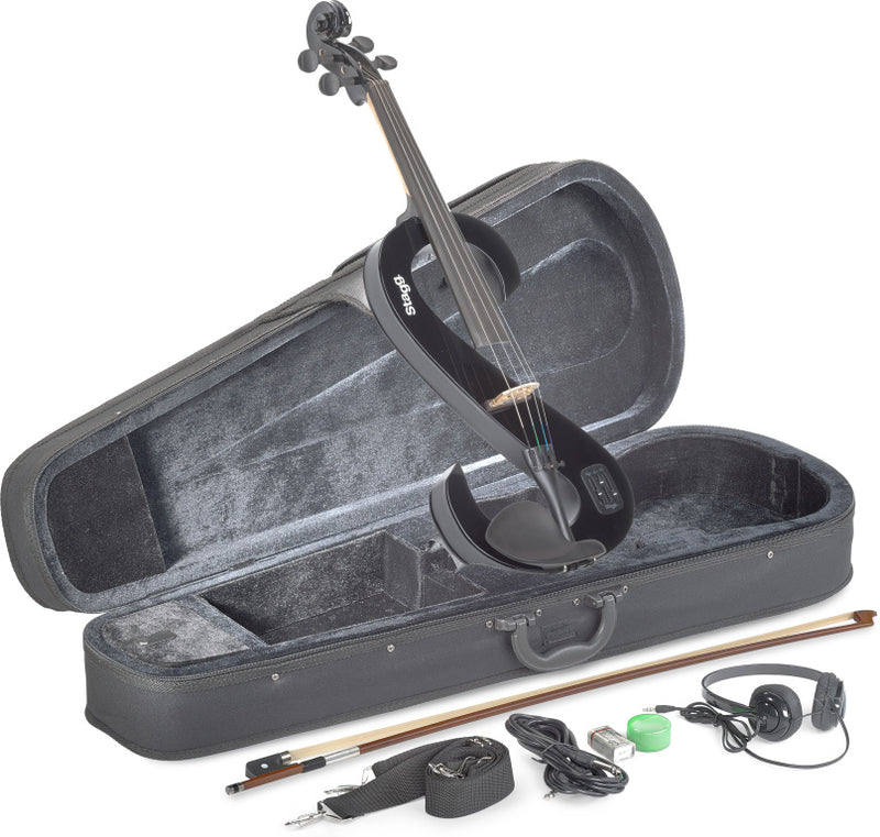 Stagg 4/4 electric viola set with S-shaped black electric viola, soft case and headphones