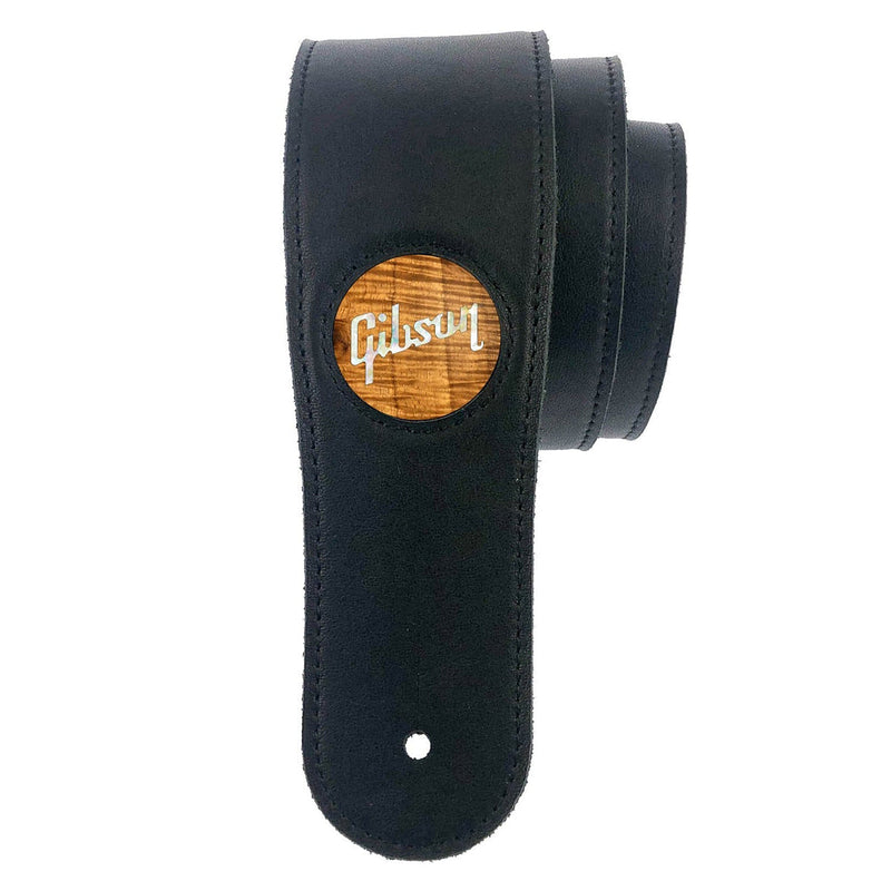 Gibson® by Thalia Black Guitar Strap ~ AAA Hawaiian Koa with Gibson® Pearl Logo