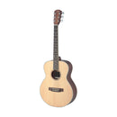 JN Guitars Asyla series mini auditorium acoustic travel guitar with solid spruce top, left-handed model + gig bag