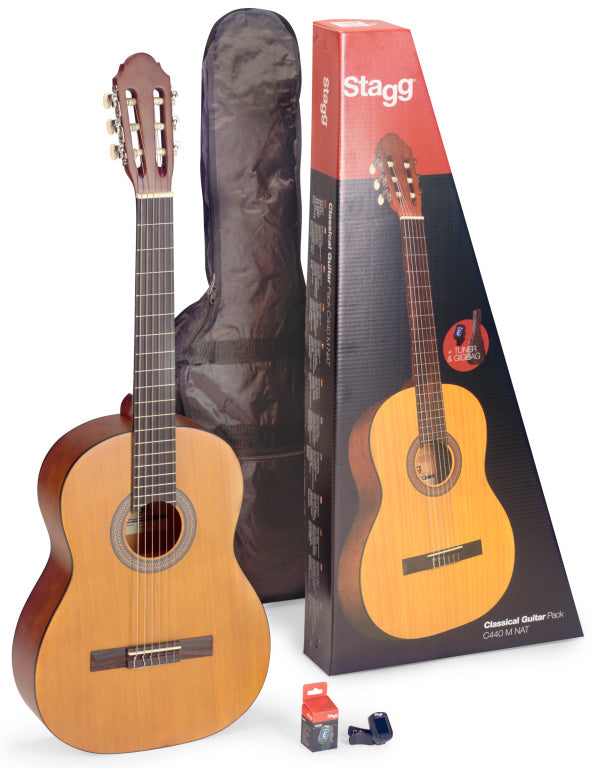 Stagg Guitar pack with 4/4 natural-coloured classical guitar with linden top, tuner, bag and colour box (22765)