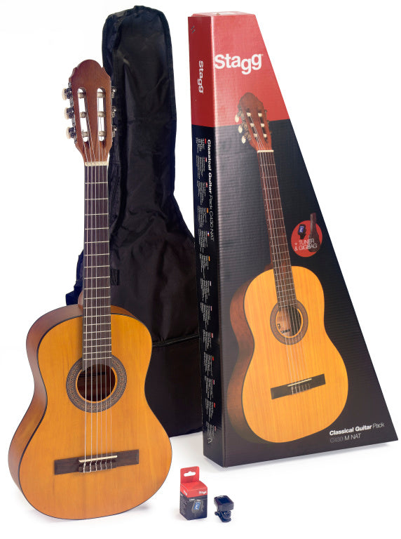 Stagg Guitar pack with 3/4 natural-colour classical guitar with linden top, tuner, bag and colour box