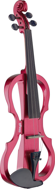 Stagg 4/4 electric violin set with metallic red electric violin, soft case and headphones