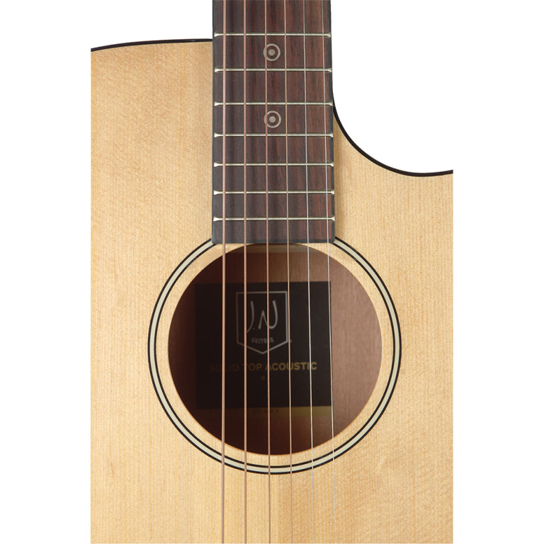 JN Guitars Natural-coloured acoustic-electric auditorium guitar with solid spruce top, Bessie series