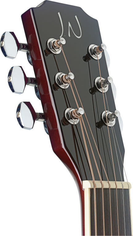 JN Guitars Transparent redburst acoustic-electric auditorium guitar with solid spruce top, Bessie series