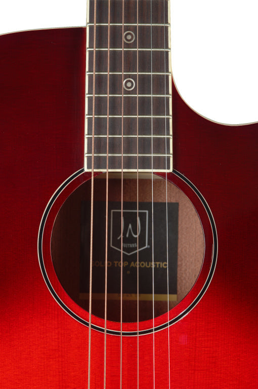 JN Guitars Transparent redburst acoustic-electric auditorium guitar with solid spruce top, Bessie series