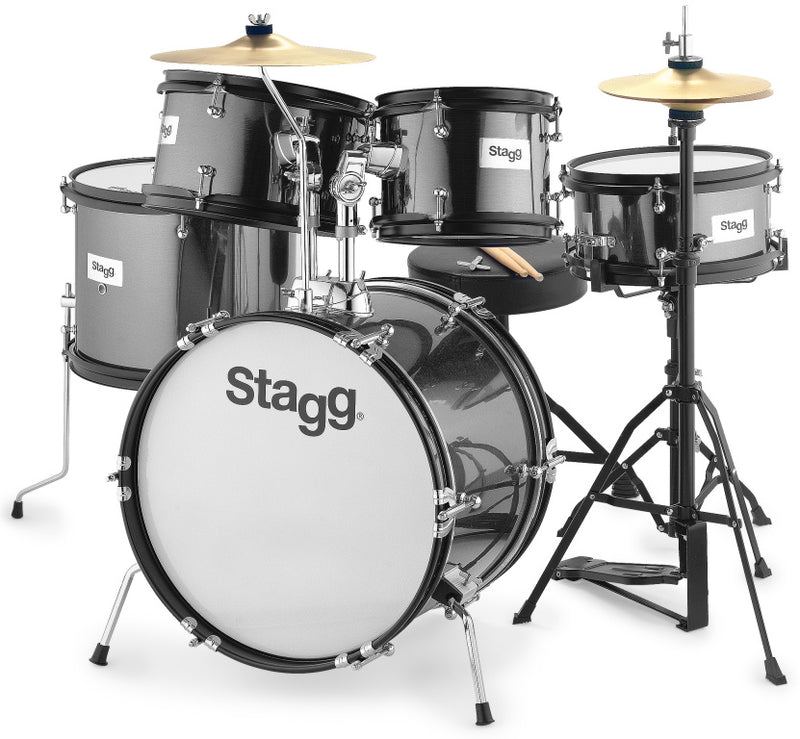 Stagg 5-piece junior drum set with hardware, 8" / 10" / 10" / 12" / 16" - Black
