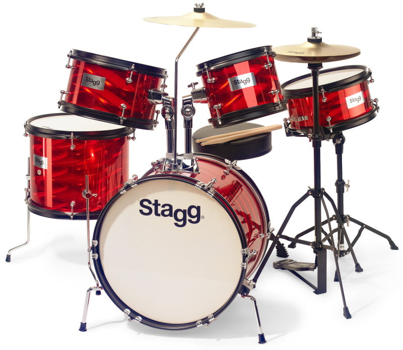 Stagg 5-piece junior drum set with hardware, 8" / 10" / 10" / 12" / 16" - Red