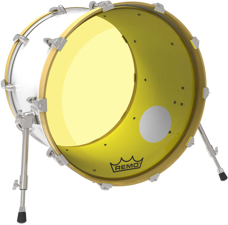 Remo Powerstroke 3 Colortone bass drumhead, yellow, 26", with 5" offset hole