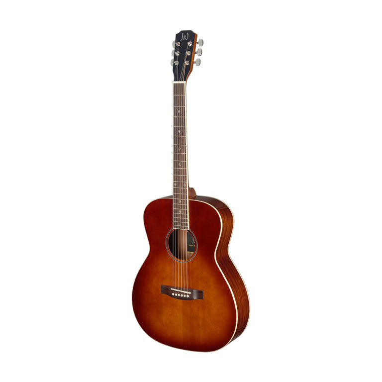 JN Guitars Dark cherryburst acoustic auditorium guitar with solid spruce top, left-handed, Bessie series