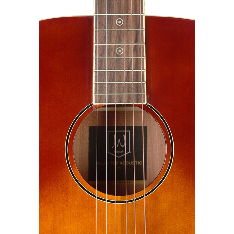 JN Guitars Dark cherryburst acoustic auditorium guitar with solid spruce top, left-handed, Bessie series