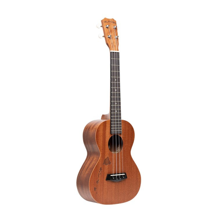 Traditional tenor ukulele with mahogany top and Hawaiian islands engraving