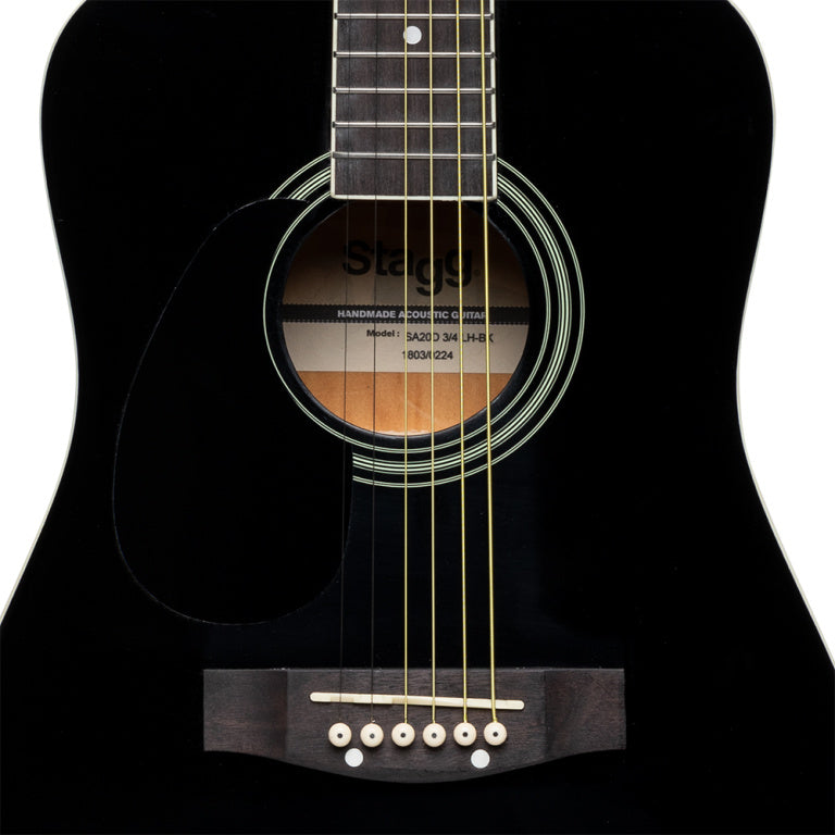 Stagg 3/4 black dreadnought acoustic guitar with basswood top, left-handed model