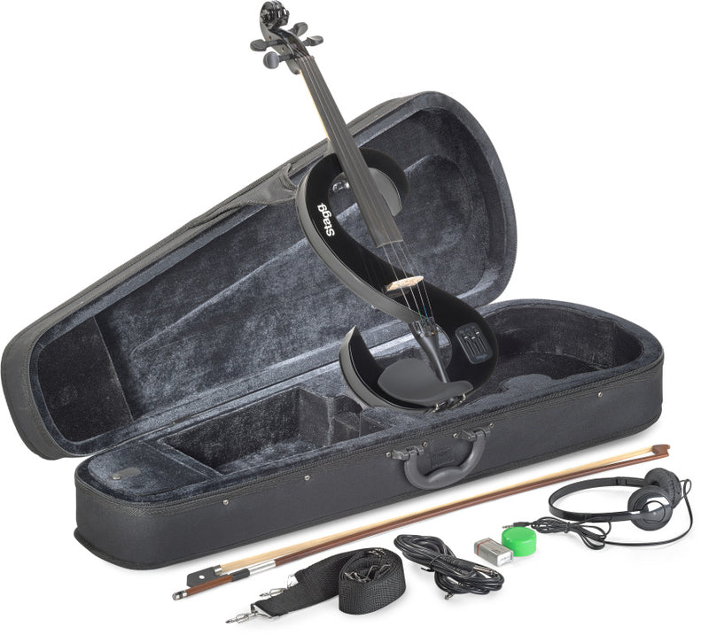 Stagg 4/4 electric violin set with S-shaped black electric violin, soft case and headphones