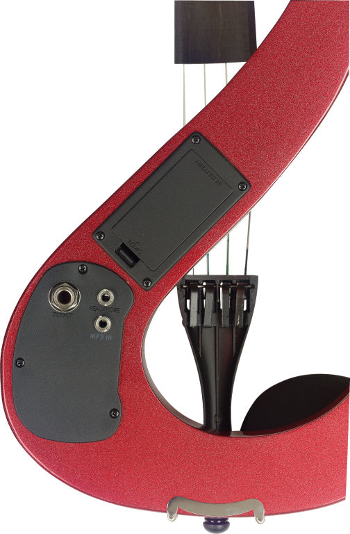 Stagg 4/4 electric violin set with S-shaped metallic red electric violin, soft case and headphones