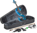 Stagg 4/4 electric violin set with S-shaped metallic blue electric violin, soft case and headphones