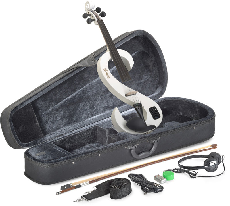 Stagg 4/4 electric violin set with S-shaped white electric violin, soft case and headphones