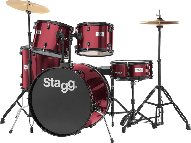 Stagg 5-piece, 6-ply basswood, 22" standard drum set w/ hardware & cymbals - Wine Red