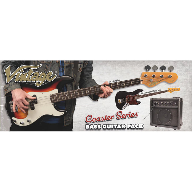 Vintage V40 Coaster Series Bass Guitar Pack ~ Left Hand Gloss Black