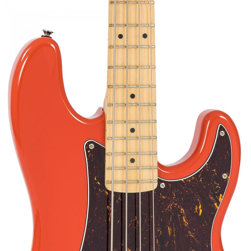 Vintage V4 Reissued Maple Fingerboard Bass Guitar ~ Firenza Red